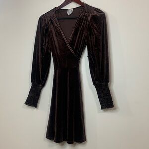 BLUE RAIN wrap dress in brown velvet wrap around V neck, size XS